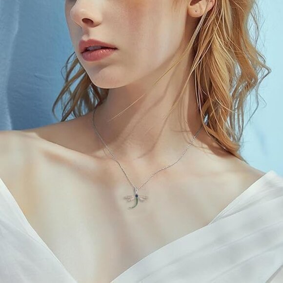 Stunning Blue and Green Dragonfly Necklace - Silver-Plated for Durability - Picture 6 of 6